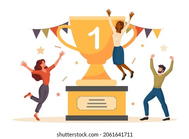 Team Celebrating Success. People Jump For Joy Near Big Trophy. Achievement, Cup, First Place, Best. Business People Holding Prize. Cartoon Flat Vector Illustration Isolated On White Background