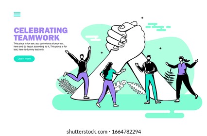 team celebrating teamwork and together with big joining hands vector illustration