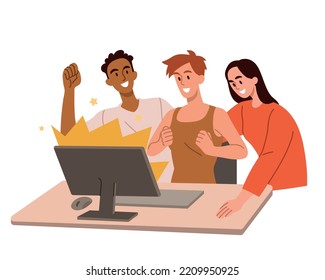 Team celebrating victory. Men and woman sit next to computer screen. Lottery winners. Cooperation, teamwork and collaboration. Employees and colleagues in office. Cartoon flat vector illustration