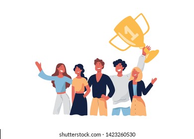 Team celebrating victory, smiling people, champions holding gold cup, trophy, victorious gesture, goal achievement. Successful men, women winning prize concept cartoon sketch. Flat vector illustration