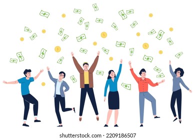 Team celebrating victory under money rain. Joyful business unity, happy winner people group. Celebration corporate win, falling coins recent vector characters