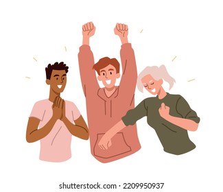 Team celebrating victory. Women and men throw their hands up in victory. Reaction for messengers. Successful work, colleagues and partners. Cooperation and teamwork. Cartoon flat vector illustration