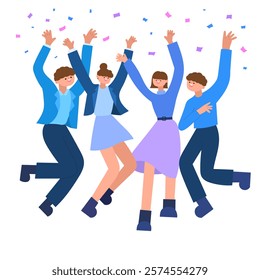team celebration and success with happy employees jumping and confetti flat vector illustration