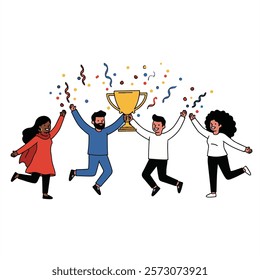 Team Celebration with Trophy and Confetti – Vector Art