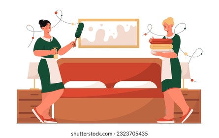 Team of chambermaid in room concept. Women in uniform with towels and broom cleaning dust in hotel room. Cleanliness and hygiene, purity. House maid doing job. Cartoon flat vector illustration