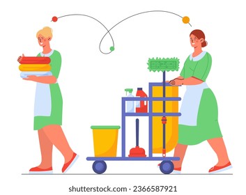 Team of chambermaids concept. Women in green uniform with basket with detergents. Laundry and cleaning service in hotel. Cartoon flat vector illustration isolated on white background