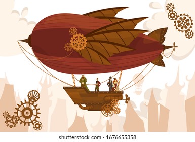 Team characters on balloon, steampunk airship, flat vector illustration. Air transport, gears, vintage, antique design web banner, template. Silhouette background old city, cloud sky.