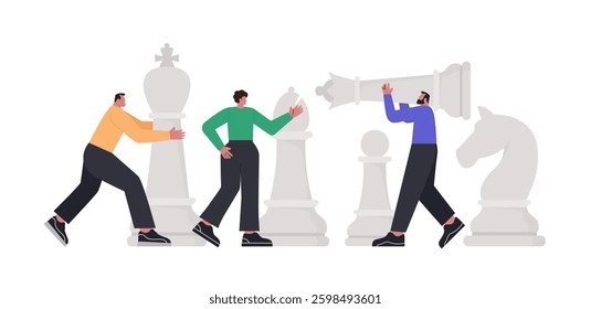Team of characters playing giant chess. Business strategy concecpt. Planning and anagement. Vector illustration isolated on white background.