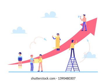 Team characters and pointing arrow isolated on white background flat vector illustration.