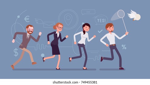 Team chasing an idea with butterfly net. Creative process of thinking, generating, developing, and curating new thoughts. Vector flat style cartoon illustration isolated on blue background