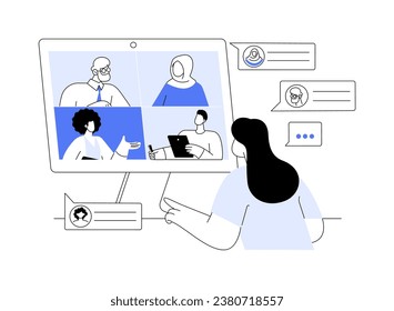 Ilustración vectorial de concepto abstracto de chat de equipo. Grupo de colegas diversos hablando por videochat, discusión de proyectos, tecnología de negocios, metáfora abstracta de organización de trabajo en equipo de empresa.