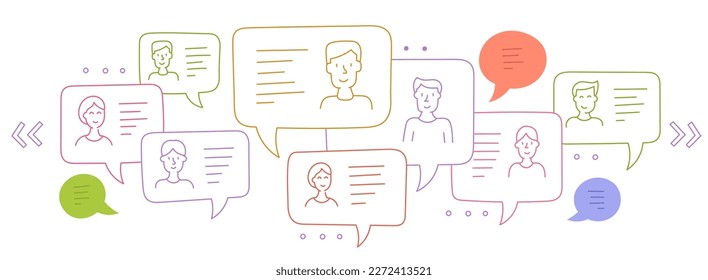 Team chat messages. Support communication. Messenger conversation. Vector colored line. Editable outline stroke.