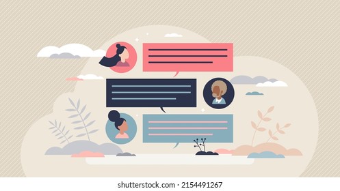 Mensajes de chat de equipo y concepto de minúsculo de aplicación de comunicación de escritura de texto. Opción de aplicación con discusiones de grupo para la ilustración vectorial de intercambio de información distante. Reunión remota de trabajo en equipo.