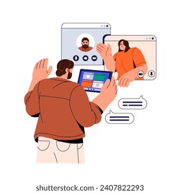 Chat en equipo con videollamadas, conferencia por tablet pc. Reunión de negocios remota. La gente conversa en internet. Concepto de comunicación a distancia en línea. Ilustración vectorial aislada plana sobre fondo blanco
