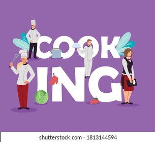 team of chefs and waiters cooking for restaurant vector illustration design