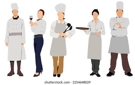 Team of chefs and waitress standing together.