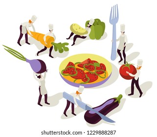Team of chefs working together and cooking a vegetarian meal, salad. Vegetables at work desk. Isometric flat design