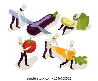 Team of chefs working together and cooking a vegetarian meal, salad. Cook slised vegetable. Isometric flat design. Working process in the kitchen