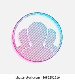 Team in circle, few person. Colored logo with diagonal lines and blue-red gradient. Neon graphic, light effect