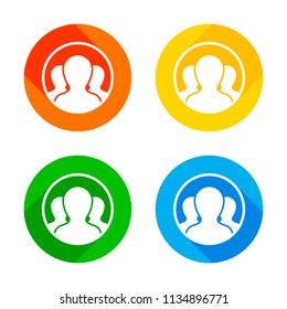 Team in circle, few person. Flat white icon on colored circles background. Four different long shadows in each corners