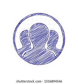Team in circle, few person. Hand drawn sketched picture with scribble fill. Blue ink. Doodle on white background