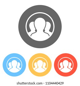 Team in circle, few person. Set of white icons on colored circles