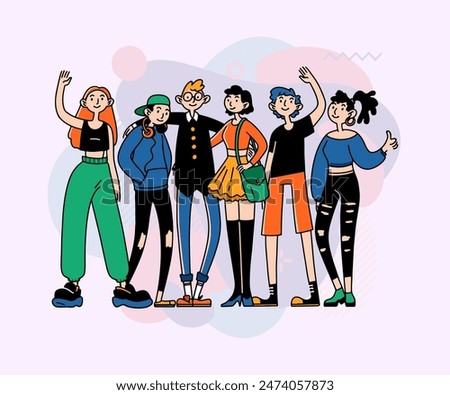 Team of classmates. Group of stylish young people, teenagers friends standing together flat vector illustration. Leisure, fashion, community concept for banner, website design or landing page