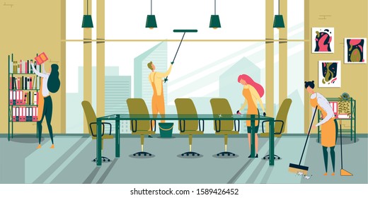 Team Cleaning Conference Hall with Professional Equipment Flat Cartoon Vector Illustration. Man Cleaning Big Window. Women Doing Different Activities as Sweeping Floor, Wiping Dust on Table, Shelf.