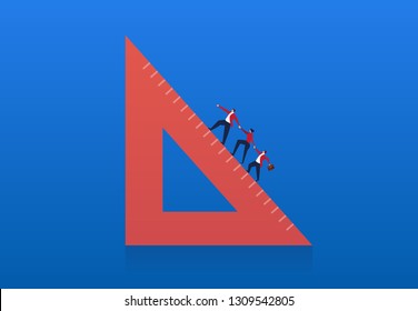 The team climbed up the tilted ruler and inspected the team