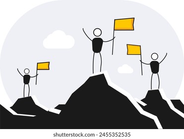 Team climbing the mountain and hollding flags at the peak tops. Vector illustration for business success, teamwork and partnership