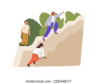 Team climbing up. Leader manager leading staff to top, showing way to success, business goal. Management, leadership, growth concept. Flat graphic vector illustration isolated on white background