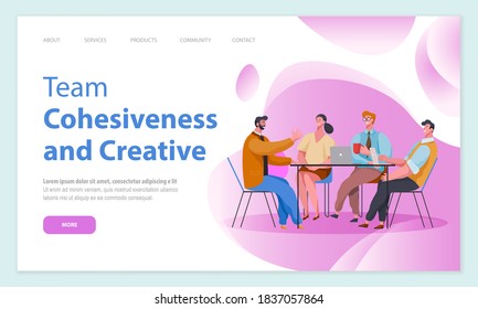 Team cohesiveness and creative website vector. Idea concept for successful business teamwork, creative innovation. Office workers sitting at a table with laptops and communicating. Webpage template