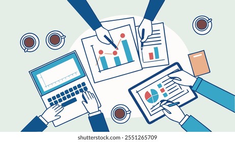 A team collaborates around a table, using laptops, tablets, and documents to analyze data. This represents teamwork, data analysis, and business strategy.