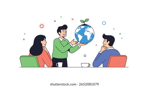 Equipo colabora en iniciativas globales de sostenibilidad discutiendo el concepto de crecimiento de la tierra