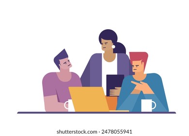 A team collaborates on a project, discussing ideas around a laptop with coffee in hand