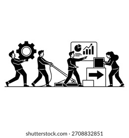 Das Team arbeitet an Projektstrategie, Daten und Wachstum zusammen.