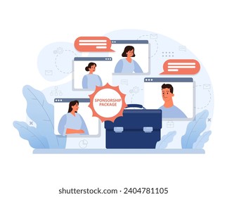 Das Team arbeitet an virtuellen Treffen und diskutiert die Nuancen eines Sponsoring-Pakets. Konversationen vereinen Geschäfts- und Supportmöglichkeiten. Digitale Unterstützung und Partnerschaft. Vektorgrafik