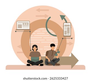 Team collaborating in an Agile work flow environment, involving digital devices and interconnected arrows to symbolize efficient work. - Powered by Shutterstock - Get 15% off with code: PIKWIZARD15