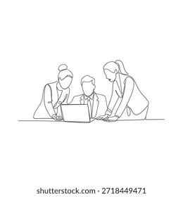 Equipo que colabora alrededor de un portátil en un estilo de dibujo de línea continua