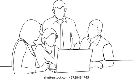 Equipo que colabora alrededor de un ordenador portátil en el estilo de arte de línea continua de reuniones de negocios
