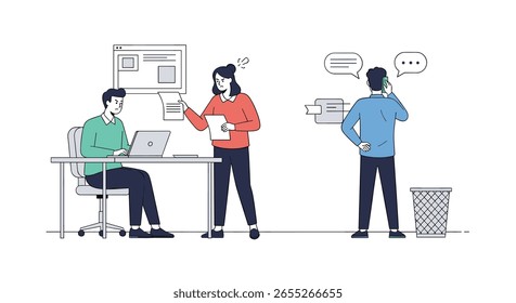 Equipe colaborando em um projeto discutindo ideias e compartilhando informações em um ambiente de escritório