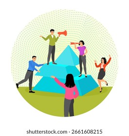 Team collaboration with actively engaged individuals around the pyramid. Depicting teamwork, unity, and creative interaction in a professional group setting. Connecting puzzle concept.