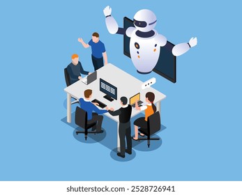 Equipo Colaboración con AI Robot en un Espacio de trabajo Tecnológico Ilustración vectorial isométrica 3D