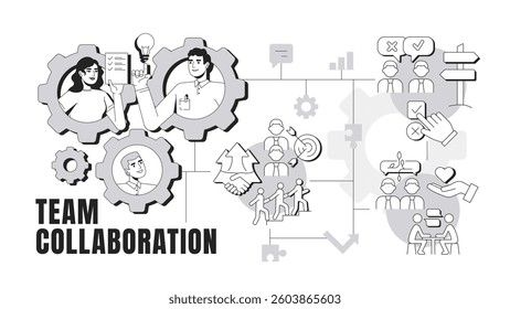Team collaboration banner conceptual illustration. Teamwork and leadership. Communication, brainstorm. Goals, milestone. Abstract idea with stylized characters, outline icons. Monochrome vector