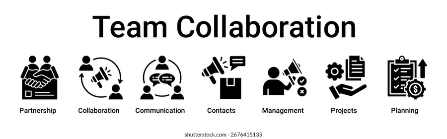 Colaboração em equipe banner web icon vetor ilustração conceito para negócios com ícone de Parceria, Colaboração, Comunicação, Contatos, Gestão, Projetos.