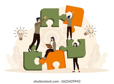 Conceito de construção de colaboração em equipe. Equipe colabore para montar peças de quebra-cabeças simbolizando sinergia, resolução de problemas e realizações inovadoras. 