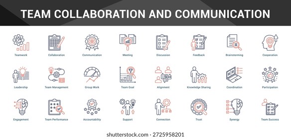 Equipo Colaboración y comunicación Conjunto coherente de iconos vectoriales minimalistas que representan ideas clave con claridad visual