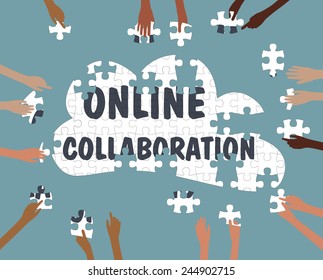 Team Collaboration Concept With Hands Online In The Cloud Jigsaw - Grouped And Layered EPS10 