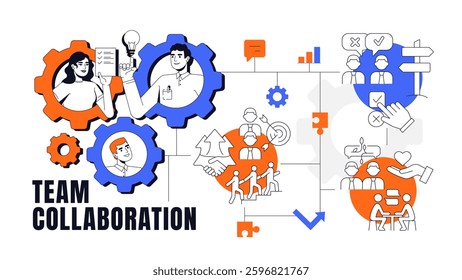 Team collaboration concept illustration. Teamwork, leadership. Communication, brainstorm. Goals, milestone. Text banner with flat vector characters, colorful line icons. Visual communication