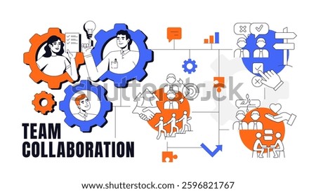 Team collaboration concept illustration. Teamwork, leadership. Communication, brainstorm. Goals, milestone. Text banner with flat vector characters, colorful line icons. Visual communication